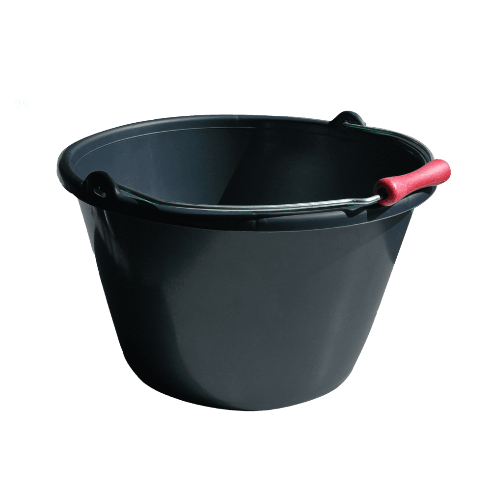 Cubo de albañil flexible de polietileno negro con capacidad de 11 litros y asa metálica.