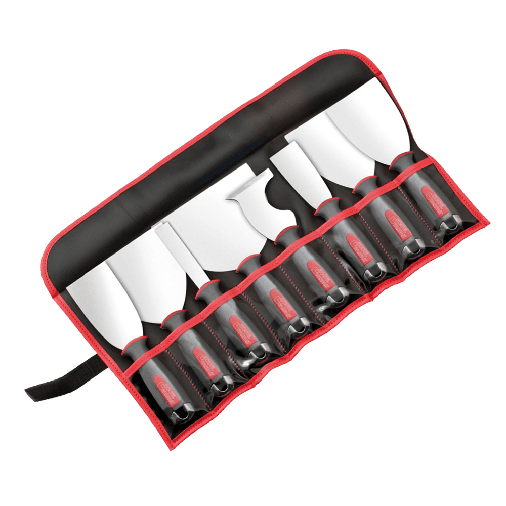 Kit de 8 espátulas y rasqueta Outil Parfait ALU-CHOC en su estuche enrollable.