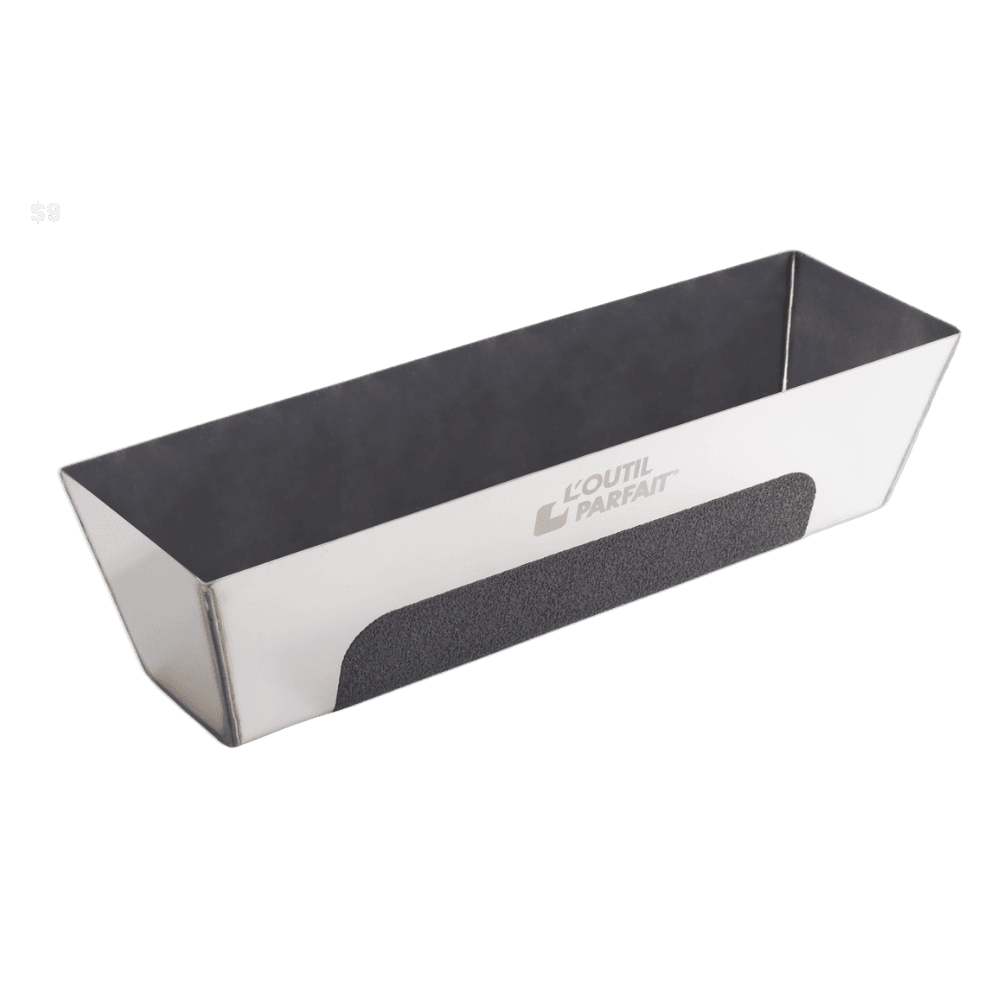 Cubeta profesional de acero inoxidable para masilla de gypsum con zona de agarre antideslizante.